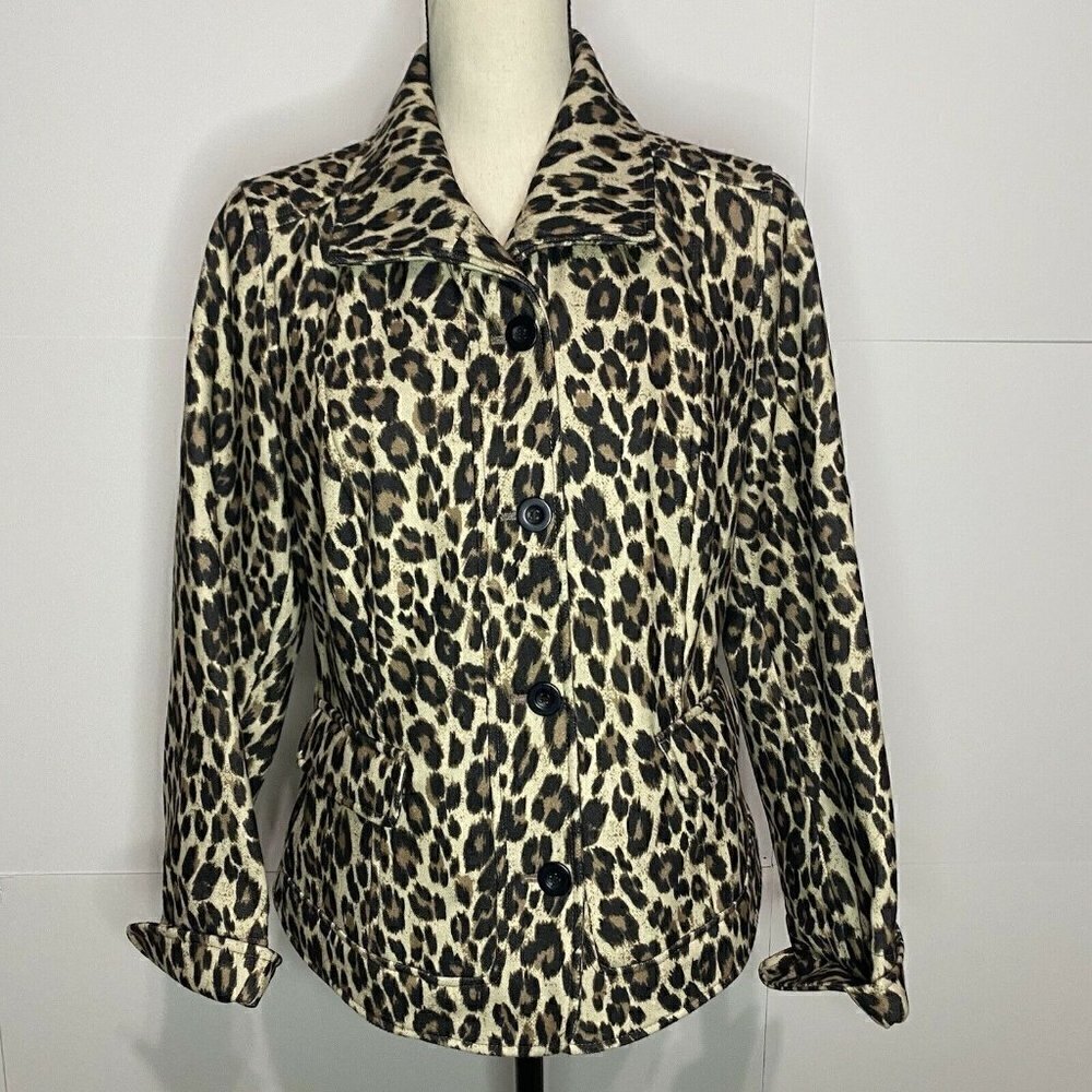 Chicos Womens Size 0 Small Long Sleeve Black Brown Animal Print Blazer Jacket